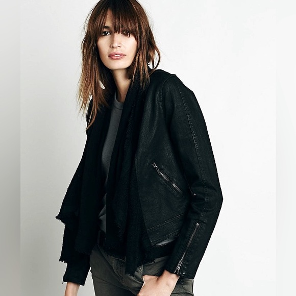 *RARE* Free People Shawl Collar Moto Jacket Black Denim Size 0 - Picture 1 of 13